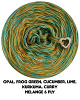 Ombreccino melange 6 ply opal, frog green, cucumber, lime, kurkuma, curry