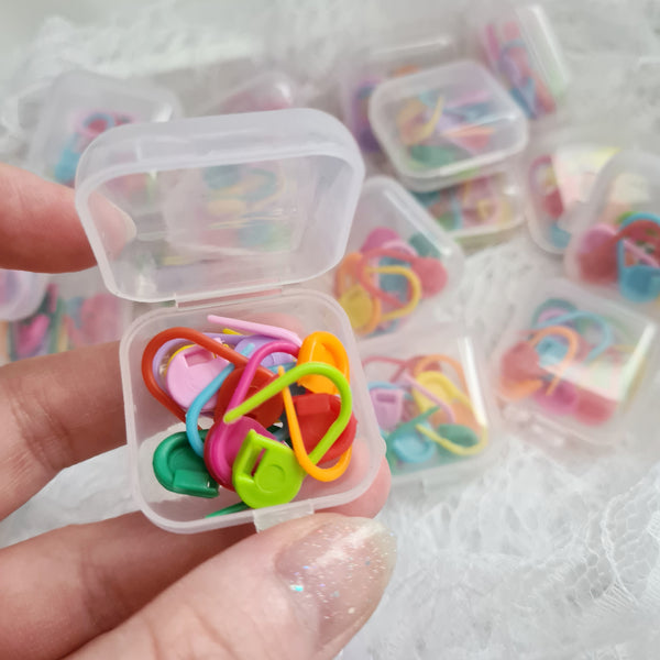 Set of 10 stitch markers in a mini plastic box, free postage.