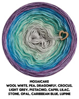 Mosaicake 3 ply wool white, pea, dragonfly, crocus, light grey, pistachio, capri, lilac, stone, opal, caribbean blue, lupine