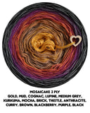 Mosaicake 3 ply gold, mud, cognac, lupine, medium grey, kurkuma, mocha, brick, thistle, anthracite, curry, brown, blackberry, purple, black