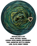 Mosaicake 6 ply opal, petrol, khaki,
lemon, frog green, peppermint,
kiwi, absinthe, bottle green,
lime, olive, night green