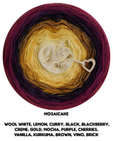 Mosaicake 3 ply wool white, lemon, curry, black, blackberry,
creme, gold, mocha, purple, cherries,
vanilla, kurkuma, brown, vino, brick