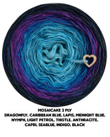 Mosaicake 3 ply dragonfly, caribbean blue, lapis, midnight blue,
nymph, light petrol, thistle, anthracite,
capri, seablue, indigo, black