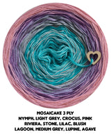 Mosaicake 3 ply nymph, light grey, crocus, pink
riviera, stone, lilac, blush
lagoon, medium grey, lupine, agave