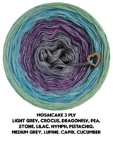 Mosaicake 3 ply light grey, crocus, dragonfly, pea,
stone, lilac, nymph, pistachio,
medium grey, lupine, capri, cucumber