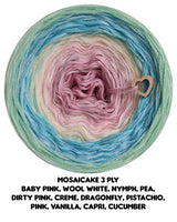 Mosaicake 3 ply baby pink, wool white, nymph, pea,
dirty pink, creme, dragonfly, pistachio,
pink, vanilla, capri, cucumber