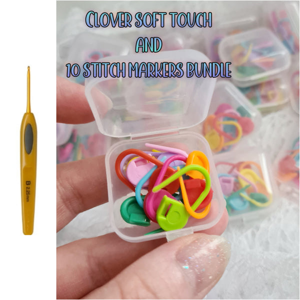 Clover soft touch crochet hook and stitch markers in a box bundle