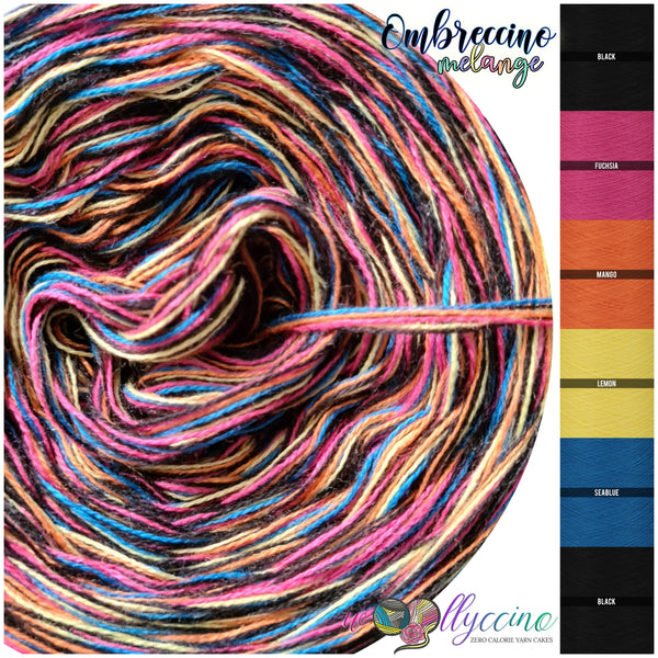 Ombreccino melange 6 ply black, fuchsia, mango, lemon, seablue, black