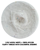 500m 3 ply wool white & 100% nylon fluffy thread with tiny colourful sequins