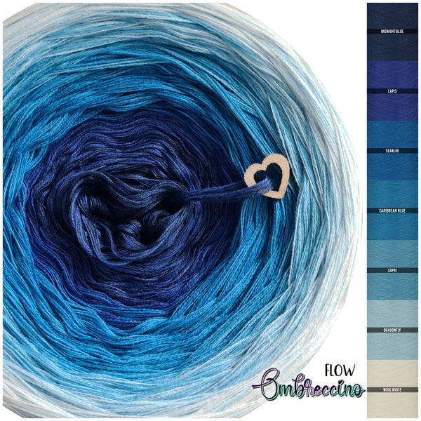 Ombreccino flow 6 ply midnight blue, lapis, seablue, caribbean blue, capri, dragonfly, wool white