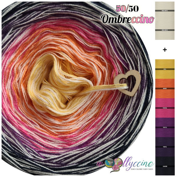 Ombreccino 50/50, 2x wool white + gold, mango, fuchsia, thistle, purple, shadow