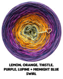 Ombreccino swirl lemon, orange, thistle,
purple, lupine + midnight blue