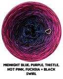 Ombreccino swirl midnight blue, purple, thistle, hot pink, fuchsia + black