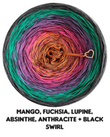 Ombreccino swirl mango, fuchsia, lupine, absinthe, anthracite + black