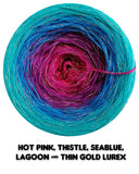 Ombreccino hot pink, thistle, seablue, lagoon + thin gold lurex