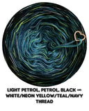 Ombreccino light petrol, petrol, black & white/neon yellow/teal/navy polyester thread