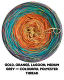 Ombreccino gold, orange, lagoon, medium grey & colourful polyester thread