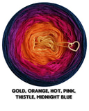 Ombreccino gold, orange, hot pink, thistle, midnight blue