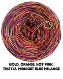 5 ply Ombreccino melange gold, orange, hot pink, thistle, midnight blue