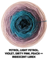 Ombreccino petrol, light petrol, violet, dirty pink, peach & iridescent lurex