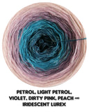 Ombreccino petrol, light petrol, violet, dirty pink, peach & iridescent lurex