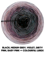 Ombreccino black, medium grey, violet, dirty pink, baby pink & colourful lurex