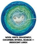 Ombreccino wool white, dragonfly, cucumber, riviera, seablue & iridescent lurex