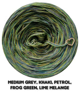 5 ply Ombreccino melange medium grey, khaki, petrol, frog green, lime