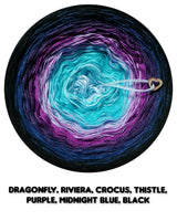 Ombreccino dragonfly, riviera, crocus, thistle, purple, midnight blue, black